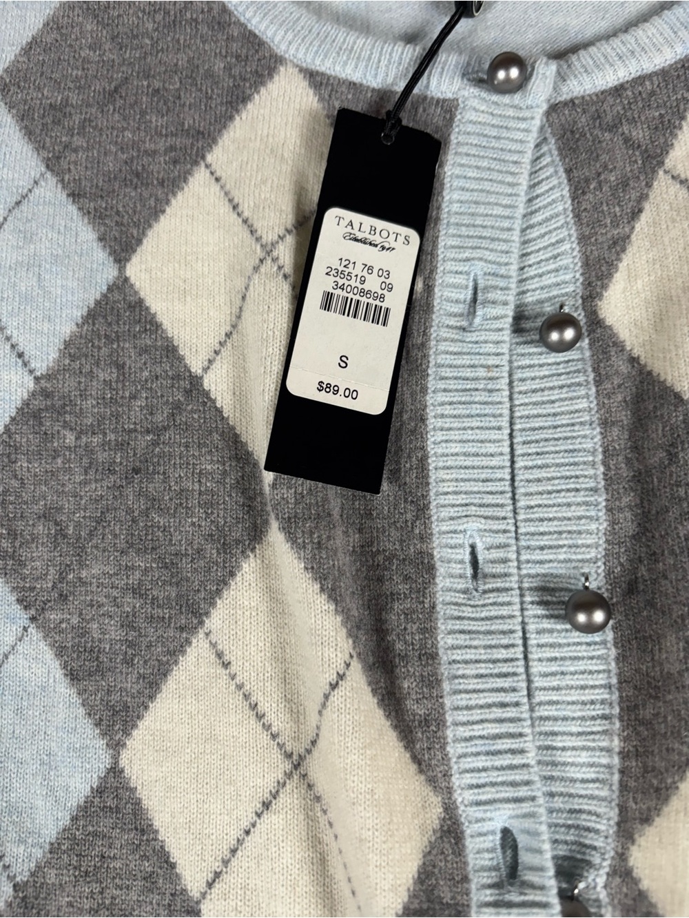 Talbots Argyle Cardigan Sweater Small Blue Gray Lambswool Angora NWT Academia - Picture 6 of 7